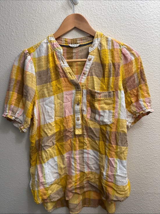 Pilcro Tops - Pilcro Yellow Pink Brown Plaid Short-Sleeve Blouse
